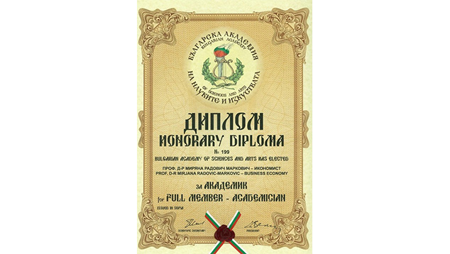 Prof. dr Mirjana Radović-Marković postala redovni član Bugarske akademije nauka i umetnosti